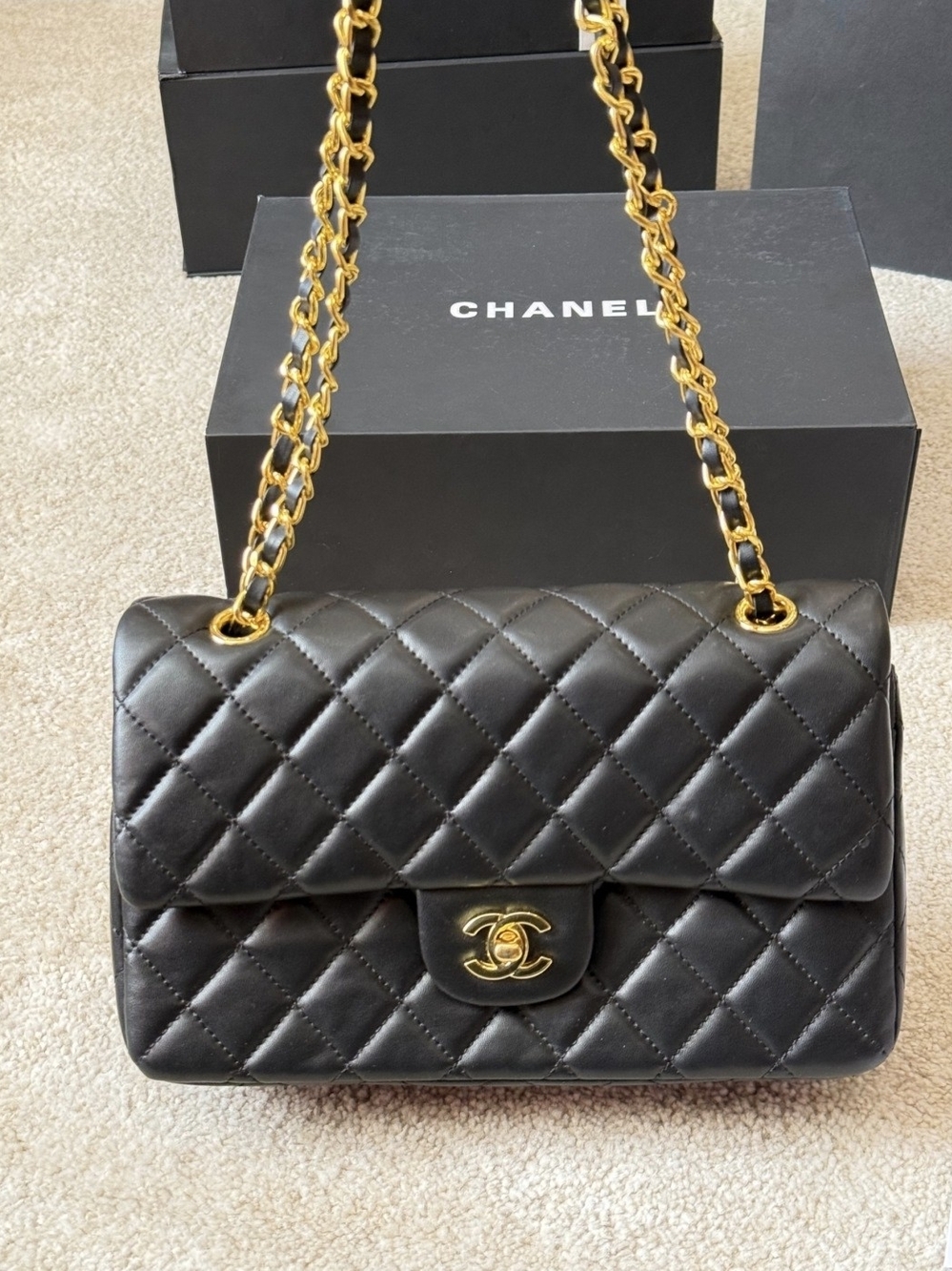 Black Quilted Shoulder Bag with Gold Chain
